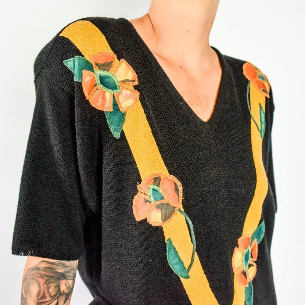 Vintage 80s drapey floral applique summer sweater with shoulder pads